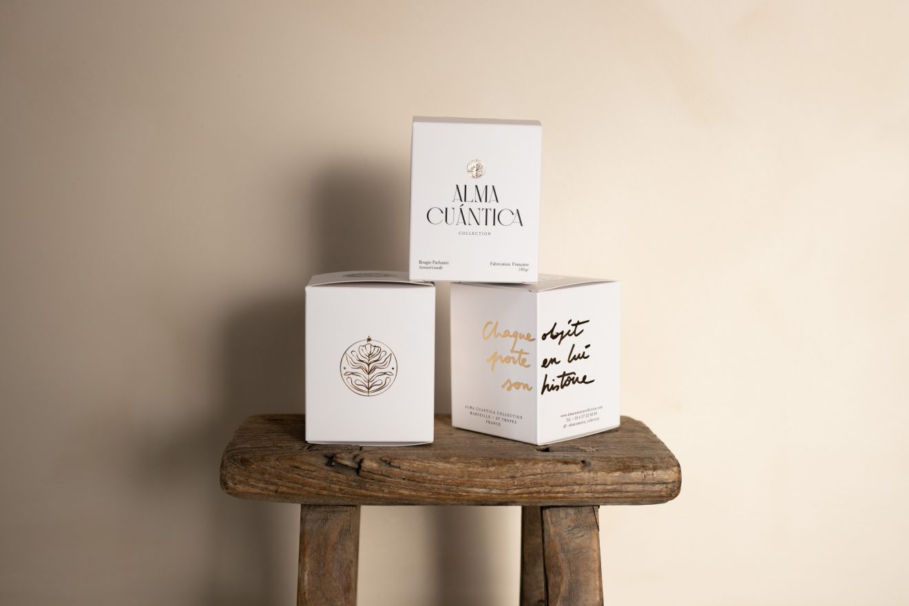 packaging blanc doré bougie parfumée luxefabrication française