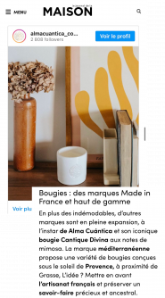 parution presse instagram @almacuantica_collection bougies made in France haut de gamme méditérranée Provence